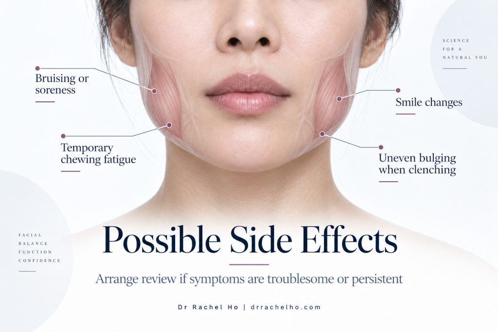 Masseter treatment graphic listing bruising, chewing fatigue, smile changes and uneven bulging when clenching.