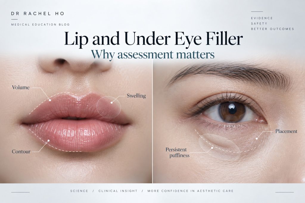 Lip and under eye filler assessment infographic showing why hyaluronidase review depends on placement swelling contour and puffiness