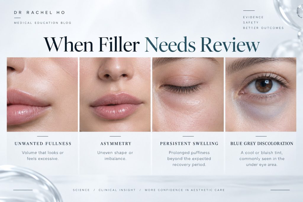 Medical infographic showing unwanted fullness asymmetry persistent swelling and blue grey discolouration after filler in Singapore