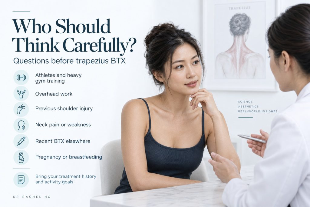 Consultation infographic showing who should think carefully before trapezius BTX including athletes people with overhead work previous shoulder injury or neck pain