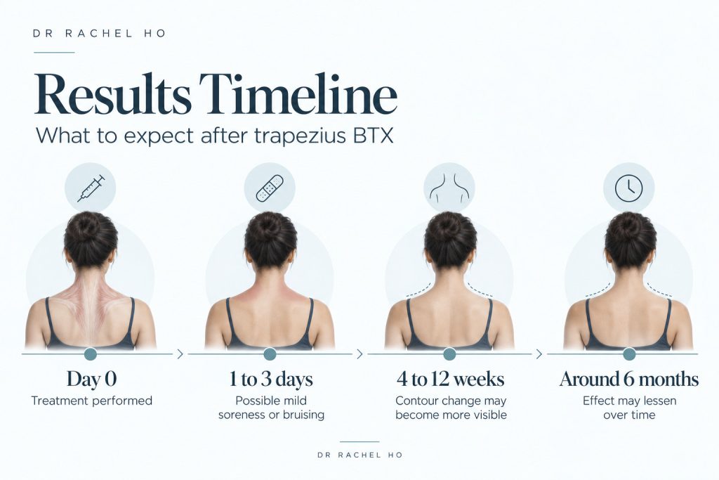 Results timeline infographic for trapezius BTX showing treatment day early soreness possible contour change over weeks and gradual lessening over time
