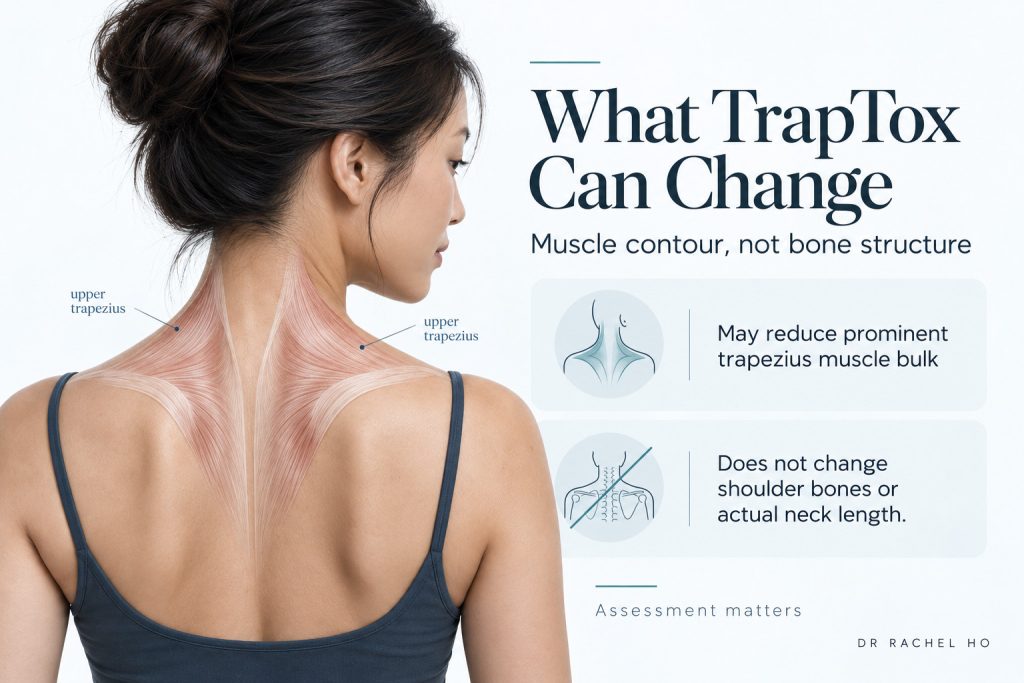 Infographic showing what TrapTox can change including prominent trapezius muscle contour but not shoulder bones or actual neck length