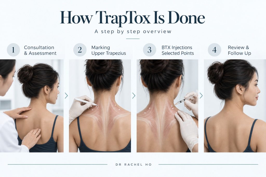 Step by step infographic showing TrapTox procedure with consultation marking of upper trapezius BTX injections and follow up review