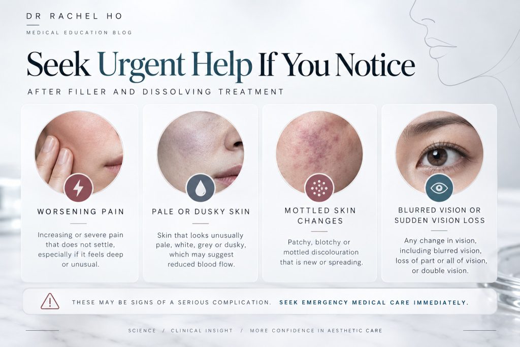 Warning signs after filler or hyaluronidase including worsening pain pale skin mottled skin and blurred vision infographic