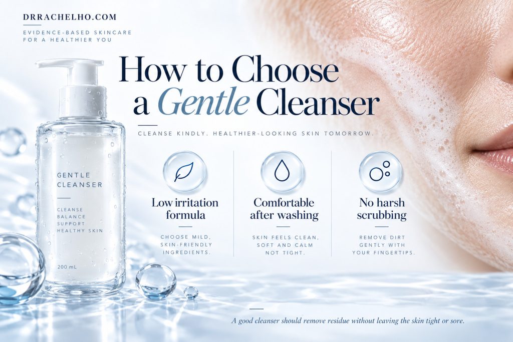 Gentle cleanser infographic for damaged skin, highlighting a mild formula, comfort after washing and cleansing with fingertips.