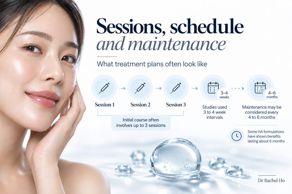 HA skin booster timeline showing three initial sessions, study intervals of three to four weeks and possible maintenance.