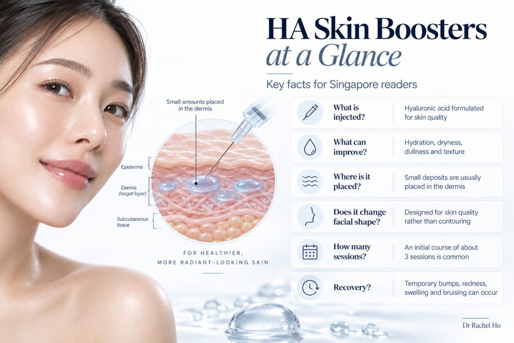 HA skin booster infographic showing small deposits in the dermis, with key facts about benefits, treatment sessions and recovery.