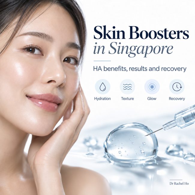 HA skin booster infographic showing small deposits in the dermis, with key facts about benefits, treatment sessions and recovery.