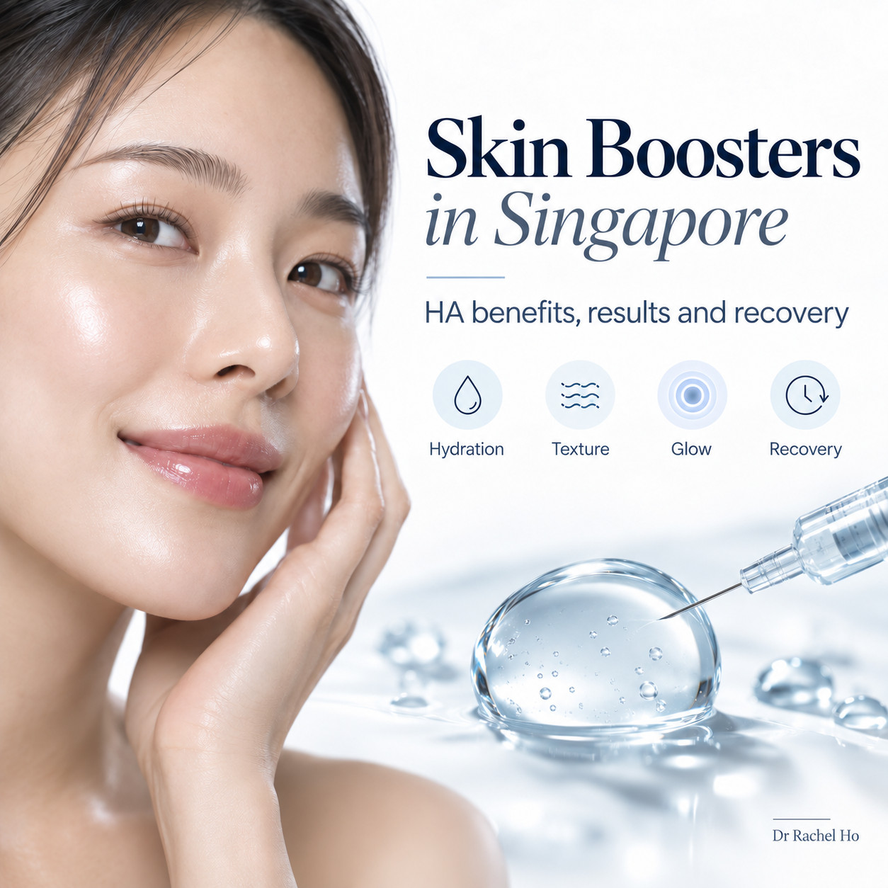 HA skin booster infographic showing small deposits in the dermis, with key facts about benefits, treatment sessions and recovery.