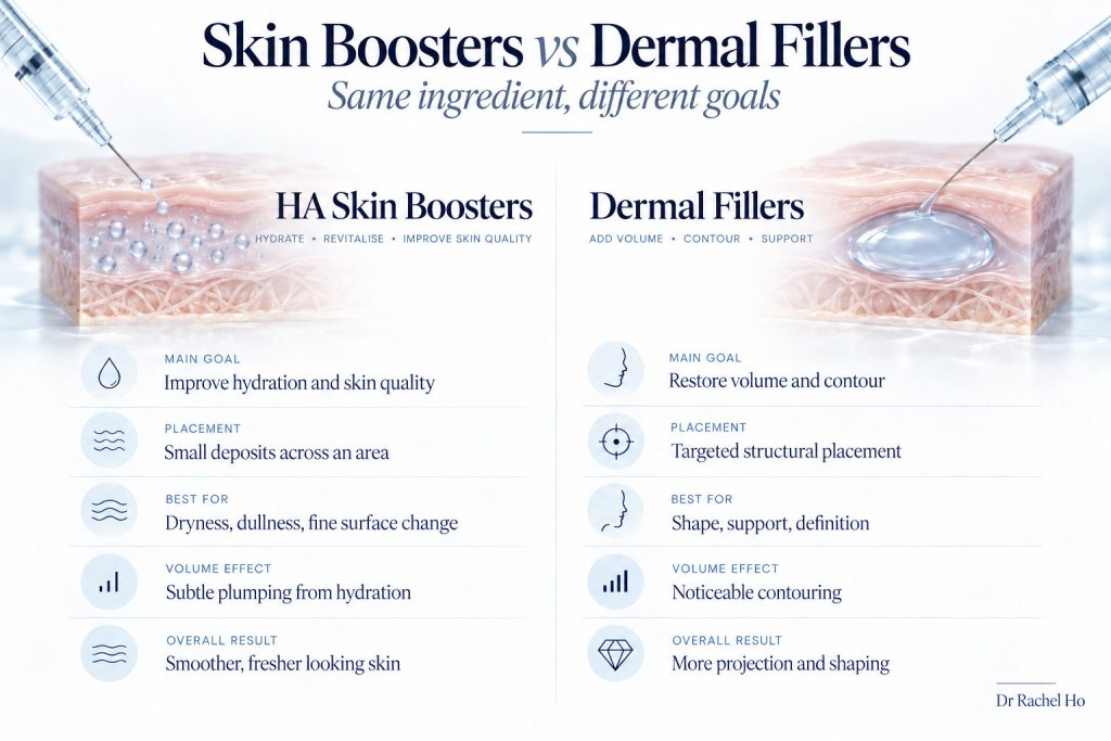 Skin cross sections comparing small HA skin booster deposits with a larger dermal filler deposit for targeted volume and contour.