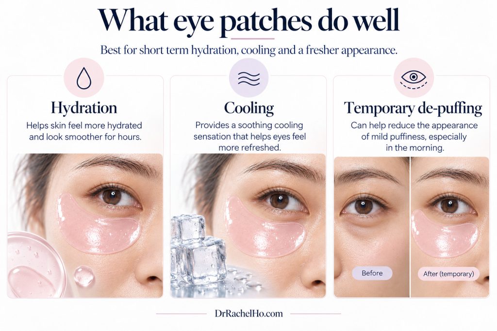 Hydrogel eye patch infographic illustrating hydration, cooling and temporary puffiness changes; the comparison is simulated.