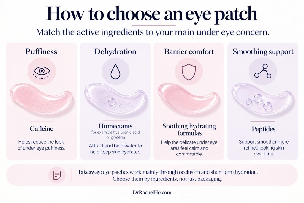 Hydrogel eye patch ingredient guide showing caffeine, humectants, soothing formulas and peptides alongside different skincare concerns.