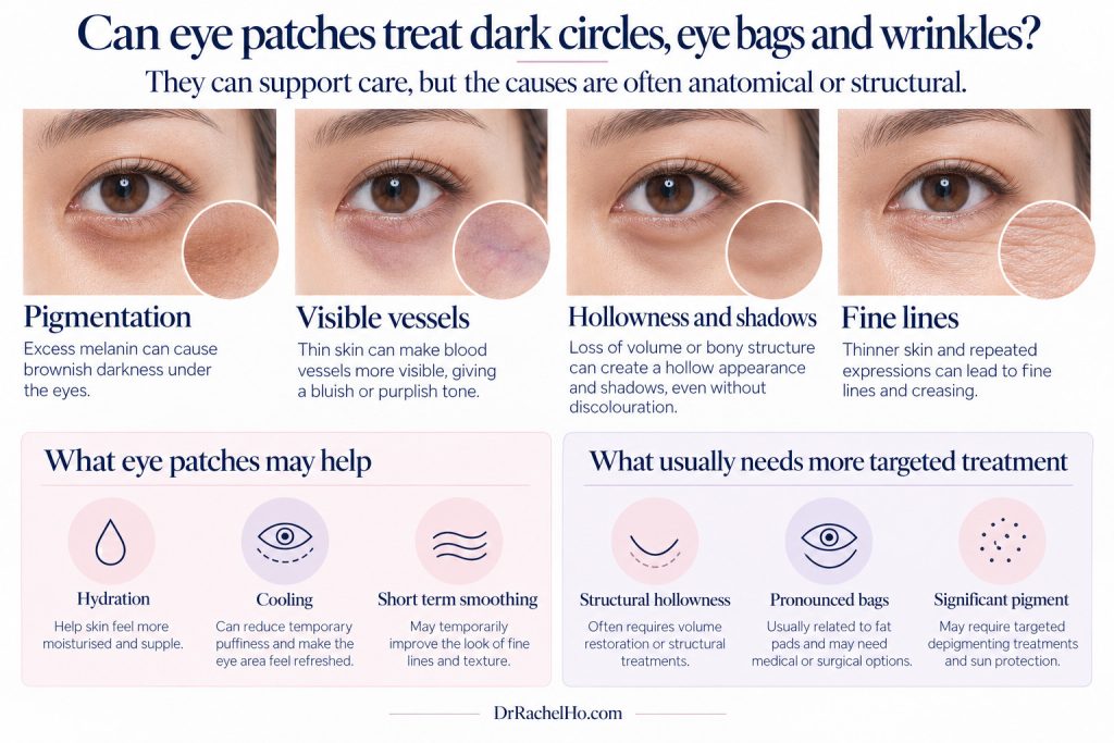 Illustrated under-eye examples showing pigmentation, visible vessels, hollowness and fine lines beside a summary of eye patch limitations.