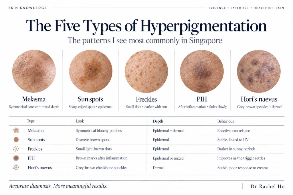 Illustrated skin examples and a table comparing melasma, sun spots, freckles, post inflammatory hyperpigmentation and Hori’s naevus.