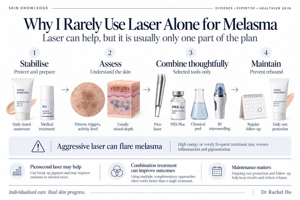 Melasma care pathway showing sun protection, assessment, selected procedures including pico laser and PRX Plus, and maintenance.