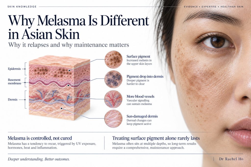 Melasma skin diagram showing surface pigment, dermal pigment, blood vessels and supporting tissue beside an illustrated cheek.