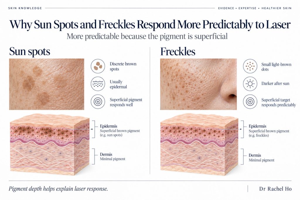 Sun spots and freckles compared through illustrated skin close-ups and cross sections showing pigment in the epidermis.