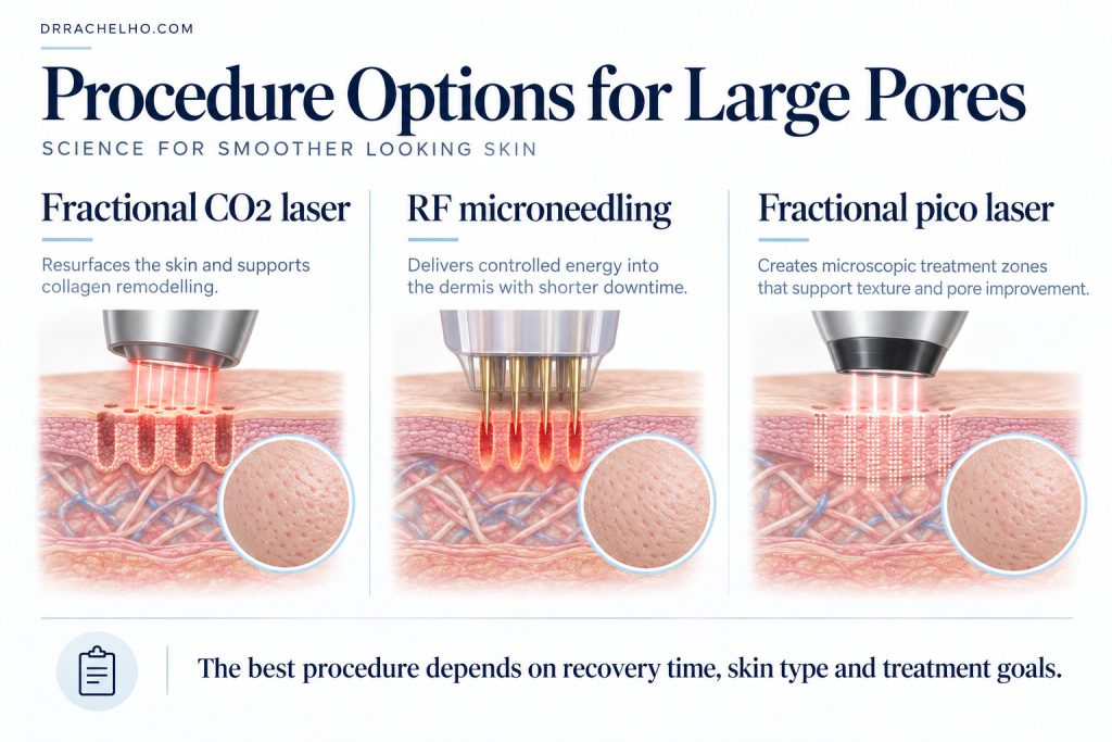 Comparison infographic of fractional CO2 laser, RF microneedling and fractional pico laser for enlarged pores.