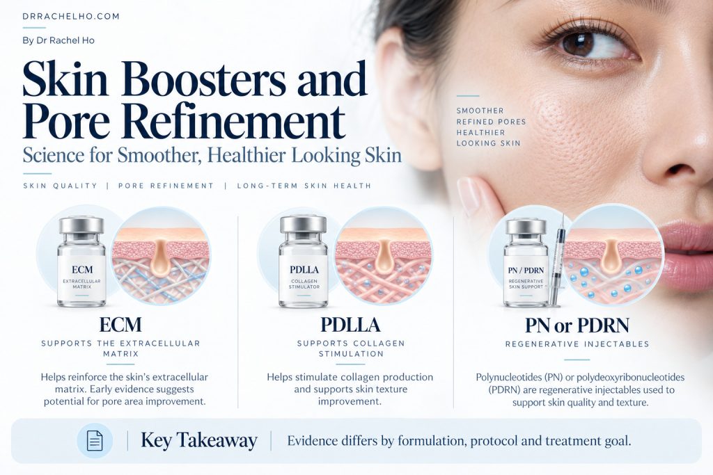 Infographic on skin boosters for pore refinement comparing ECM, PDLLA and PN or PDRN approaches.