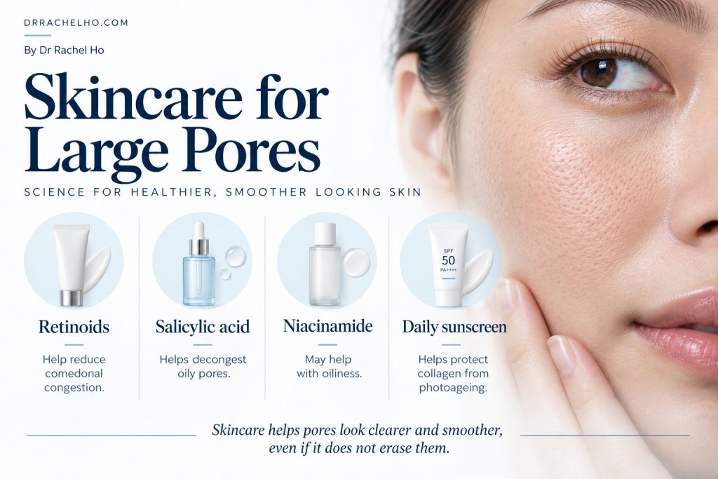 Skincare infographic for large pores featuring retinoids, salicylic acid, niacinamide and daily sunscreen.