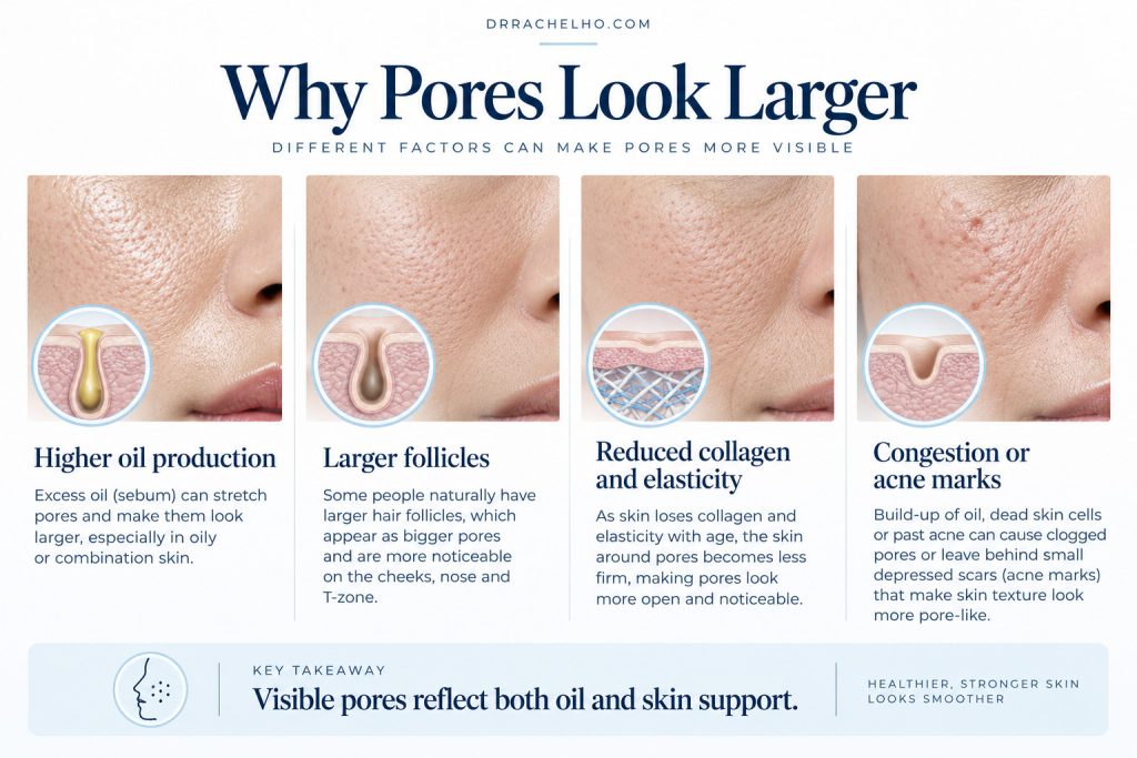 Infographic showing why pores look larger, including higher oil production, larger follicles, reduced collagen and elasticity, and congestion or acne marks.