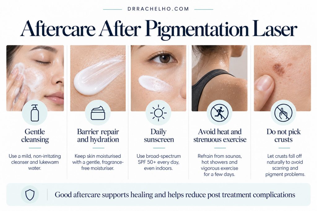 Infographic showing aftercare after pigmentation laser including gentle cleansing, moisturising, sunscreen, avoiding heat and not picking crusts