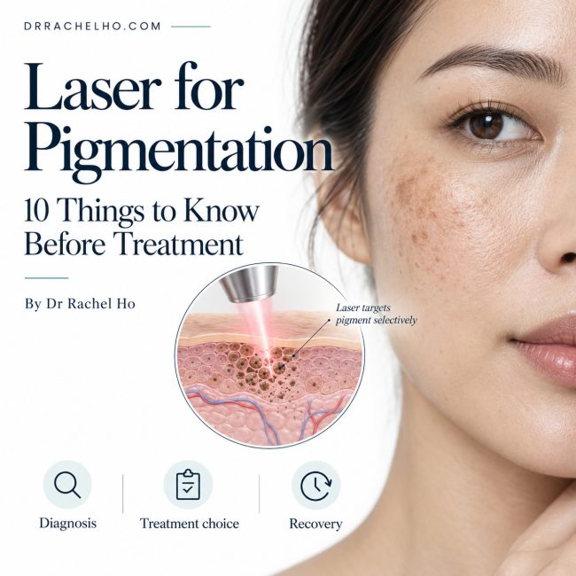 Laser for pigmentation cover image showing facial dark spots and a medical illustration of laser targeting pigment in the skin