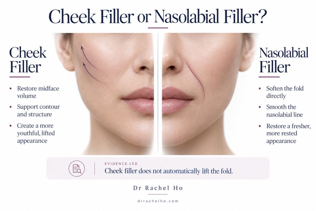 Divided facial illustration comparing cheek filler treatment goals with direct correction of the nasolabial fold.