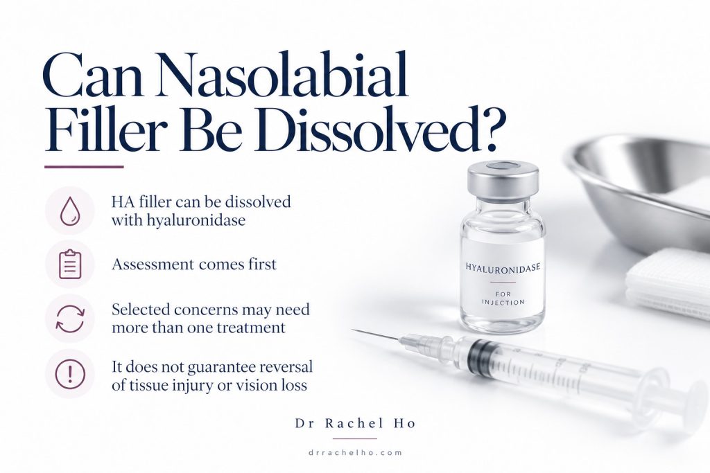 Illustrated hyaluronidase vial and syringe beside an explanation of dissolving hyaluronic acid nasolabial filler.