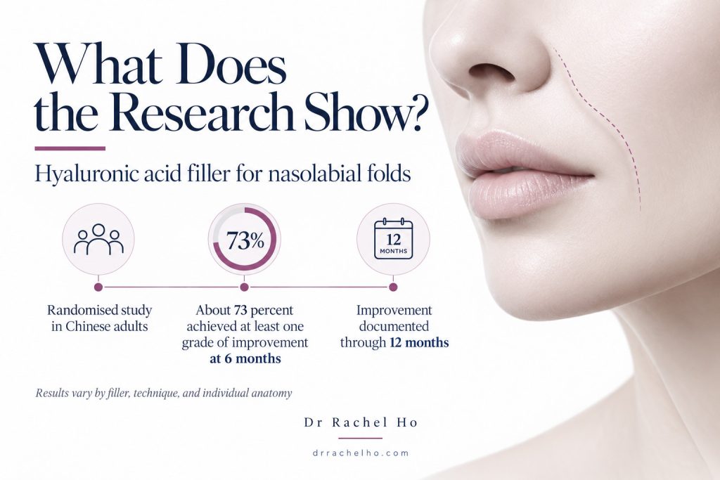 Nasolabial filler study infographic showing about 73% responders at six months and improvement observed through twelve months.