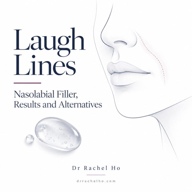 Illustrated lower face with a nasolabial fold outline and gel droplet introducing Dr Rachel Ho’s laugh line review.