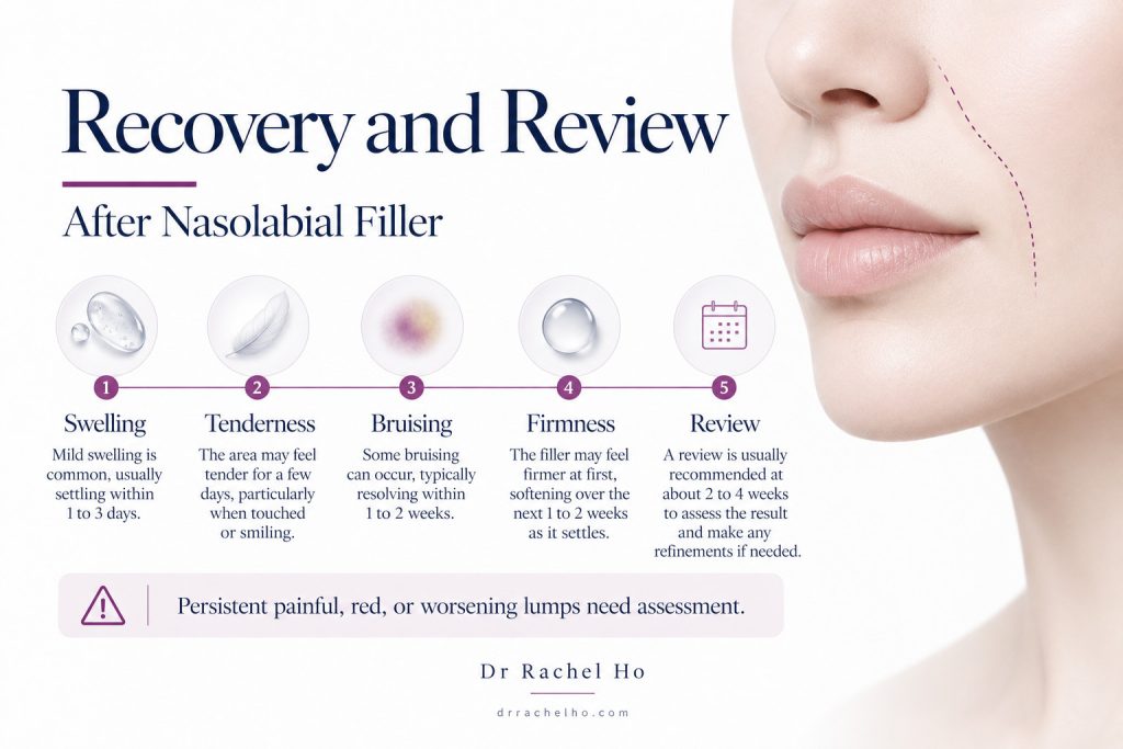 Nasolabial filler recovery infographic covering swelling, tenderness, bruising, firmness and follow-up assessment.