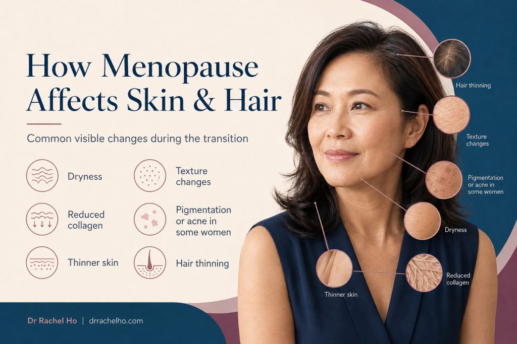 Skin and hair changes associated with declining oestrogen including dryness, reduced collagen, thinner skin, pigmentation and hair thinning.