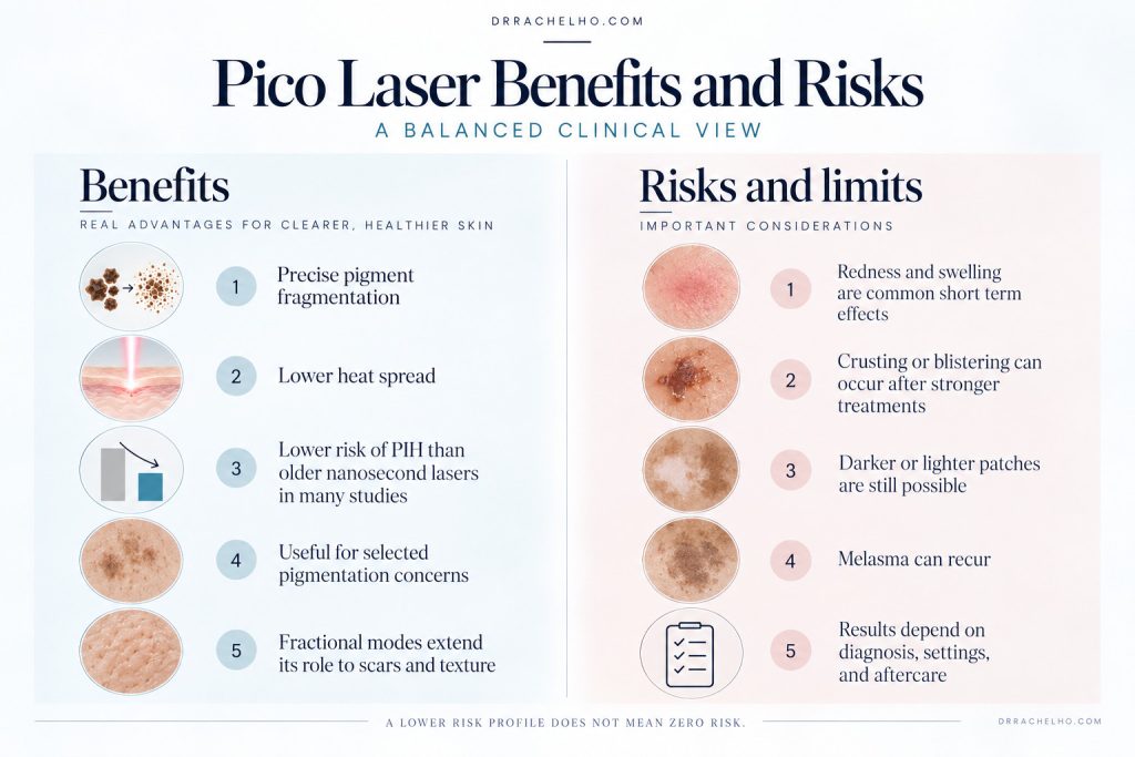 Pico laser benefits and risks infographic showing pigment treatment, temporary reactions, colour changes and melasma recurrence.