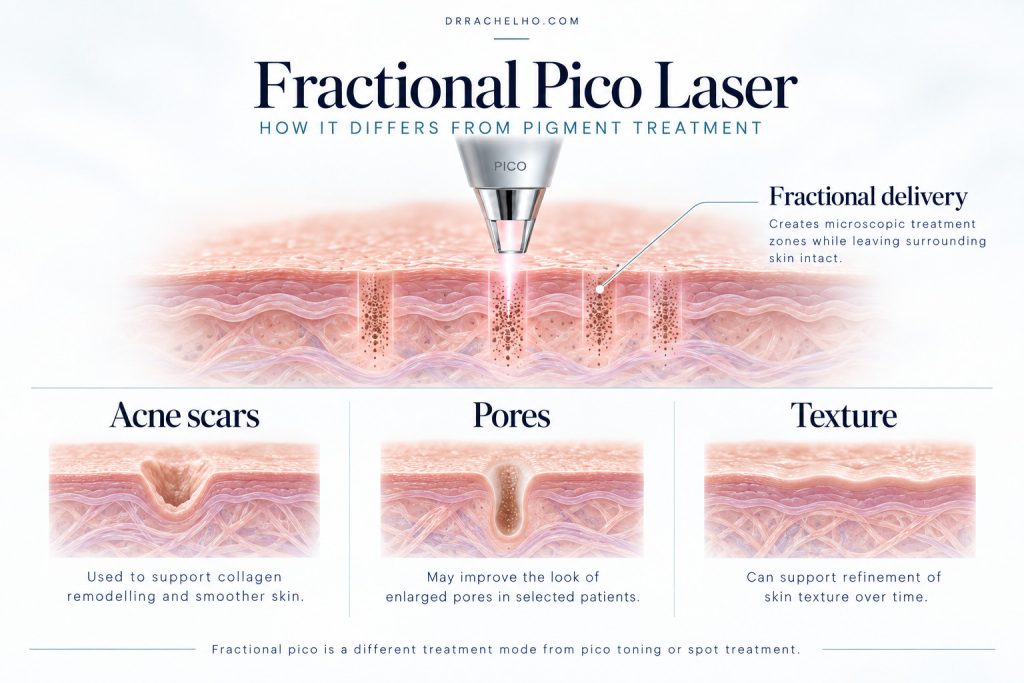 Fractional pico laser illustration showing microscopic treatment zones and applications for acne scars, pores and texture.