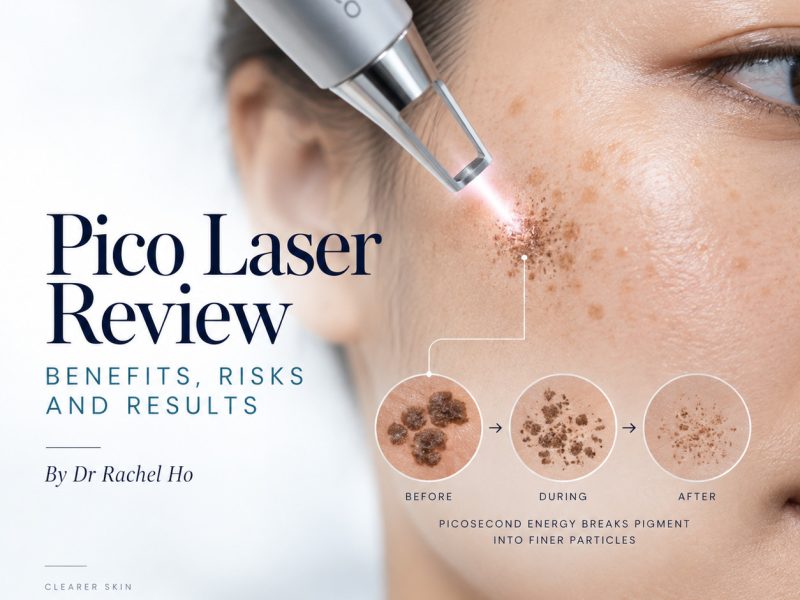 Pico Laser Review cover with an illustrated laser treatment on pigmented cheek skin and a pigment fragmentation sequence.