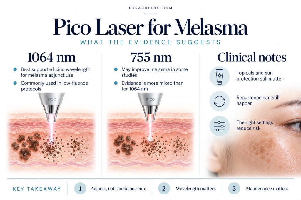 Melasma infographic comparing evidence for 1064 nm and 755 nm pico lasers, with notes on sun protection and recurrence.