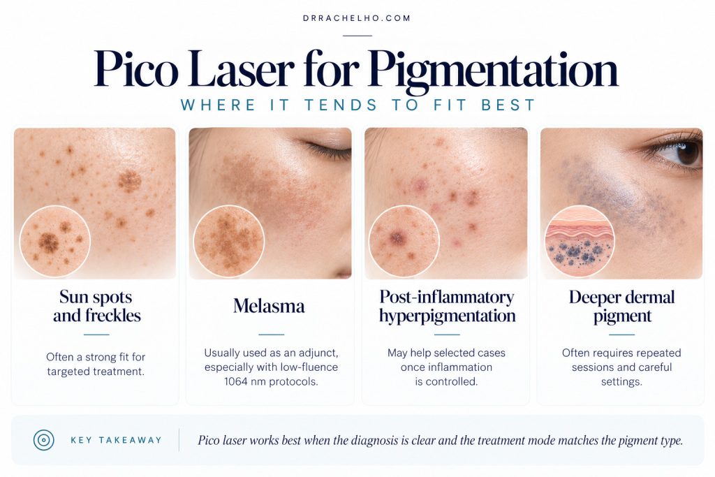 Illustrated skin examples of sun spots, melasma, post inflammatory hyperpigmentation and deeper dermal pigment.