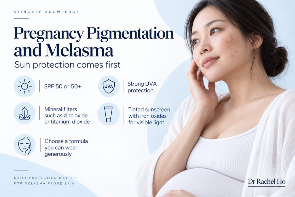 Pregnancy melasma sunscreen guide highlighting SPF 50 or 50+, UVA protection, mineral filters and iron oxide tinted formulas.