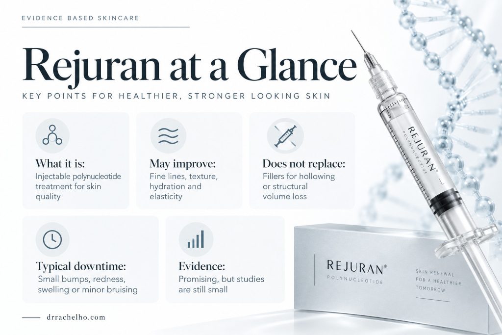 Rejuran infographic summarising potential skin quality benefits, treatment limitations, injection reactions and limited clinical evidence.
