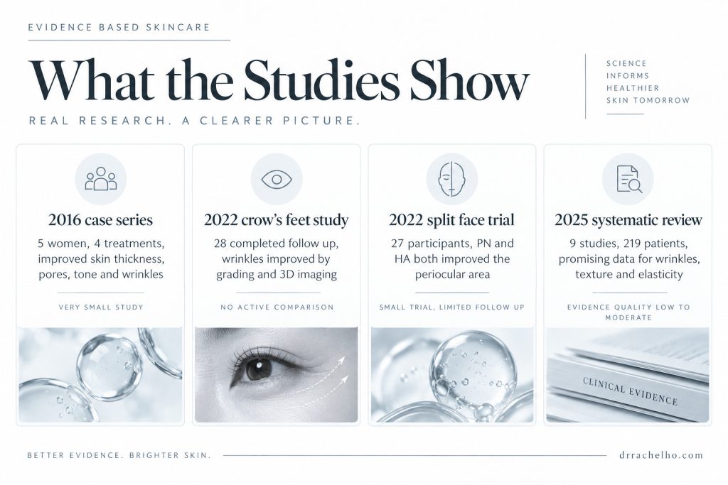 Summary of PN skin studies, including a 2025 review of nine studies involving 219 patients with low to moderate quality evidence.