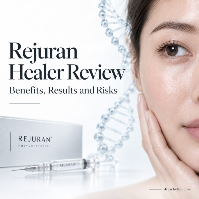 Rejuran Healer review cover with an illustrated cheek, DNA helix and syringe, introducing benefits, results and risks.