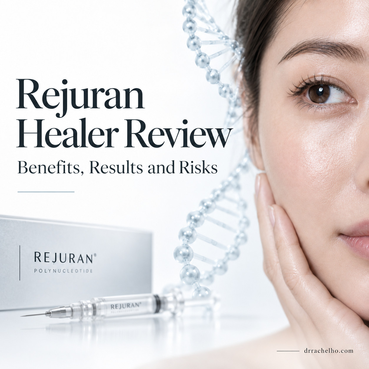 Rejuran Healer review cover with an illustrated cheek, DNA helix and syringe, introducing benefits, results and risks.
