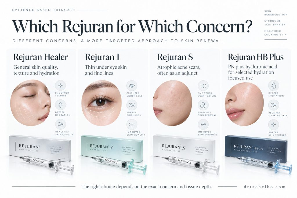 Comparison of Rejuran Healer, I, S and HB Plus with illustrated skin concerns, treatment areas and product packaging.