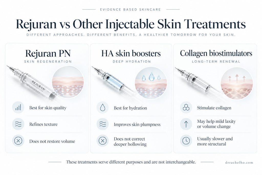 Rejuran PN compared with hyaluronic acid skin boosters and collagen biostimulators across skin quality, hydration and structural goals.