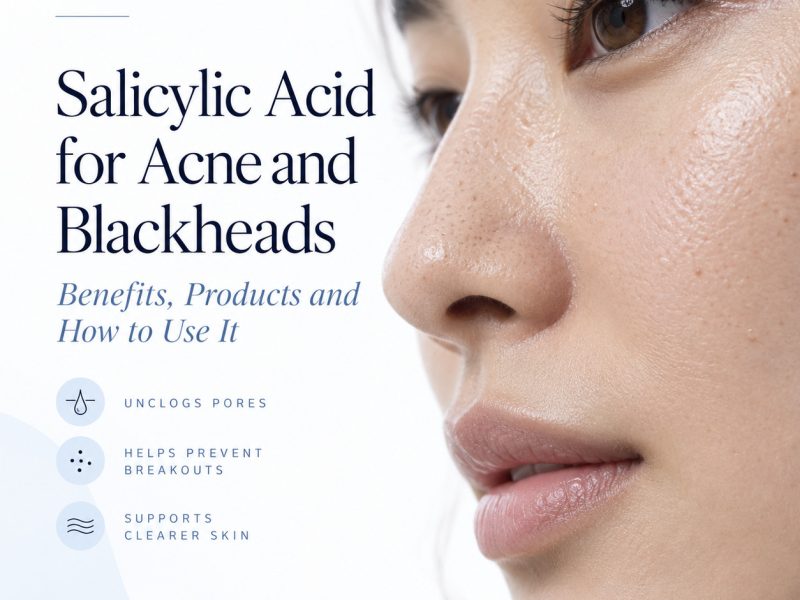 Salicylic acid for acne and blackheads guide beside a close view of a woman’s nose and cheek.