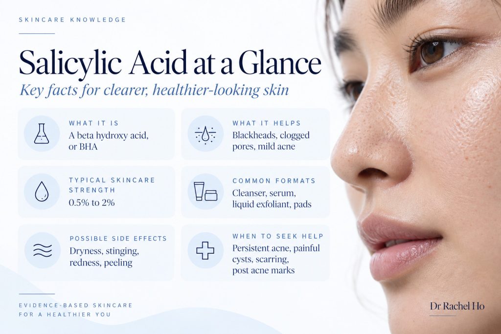 Salicylic acid overview showing benefits for clogged pores, typical strengths of 0.5% to 2%, product formats and possible irritation.
