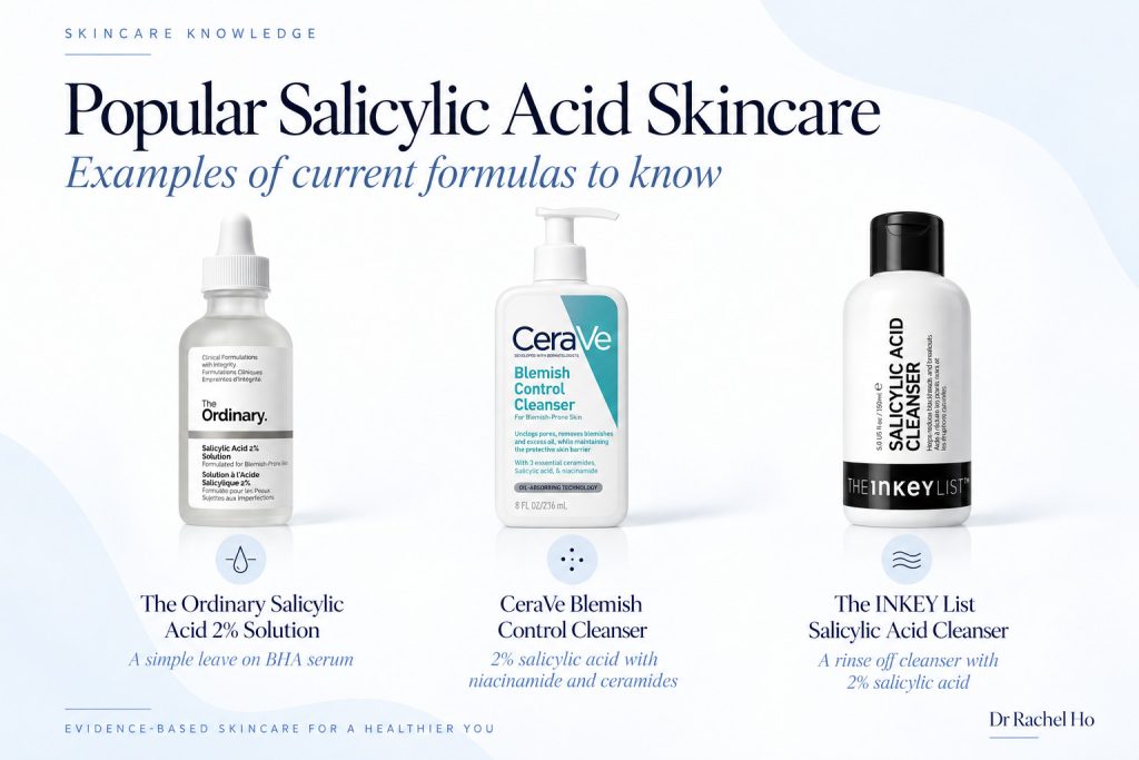 The Ordinary Salicylic Acid 2% Solution, CeraVe Blemish Control Cleanser and The INKEY List Salicylic Acid Cleanser shown side by side.