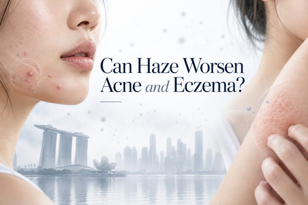 Illustrations of facial acne and an itchy eczema patch beside a hazy Singapore skyline.