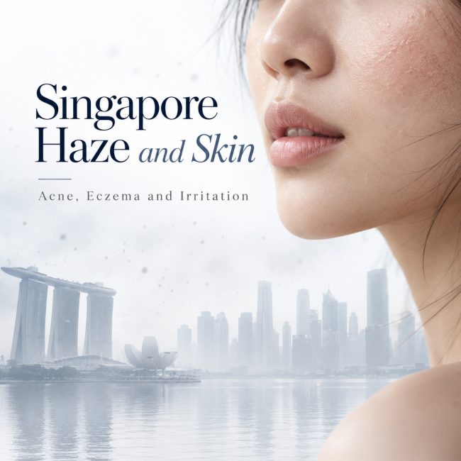 Singapore Haze and Skin cover with a facial close up and an illustrated hazy Marina Bay skyline.